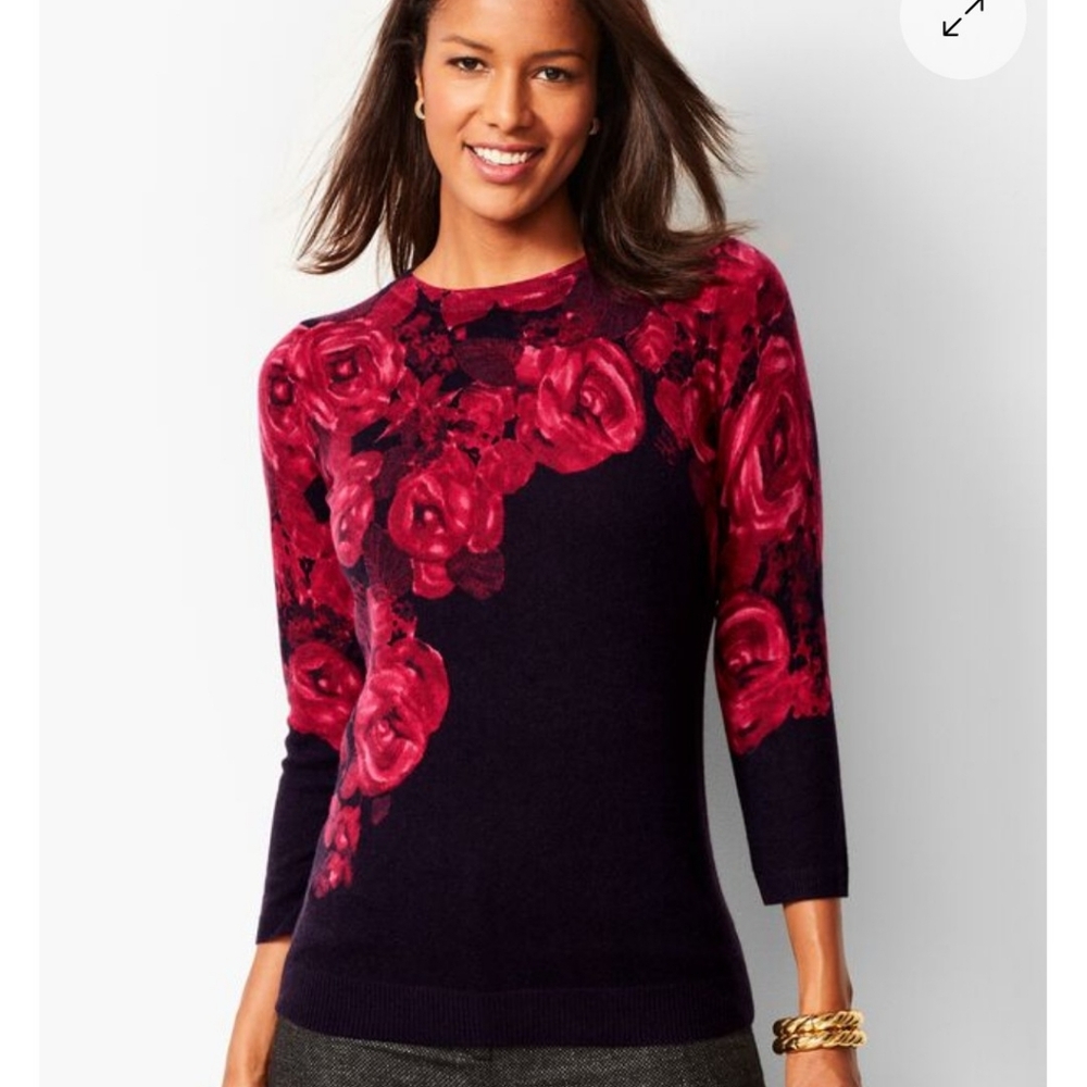 TALBOTS Audrey Floral Roses Sweater 100% Cashmere Size XL